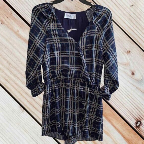 Plaid V-Neck Romper Women Medium Blue Long Sleeve Lined Negtled & Co Elast Waist - Picture 1 of 7